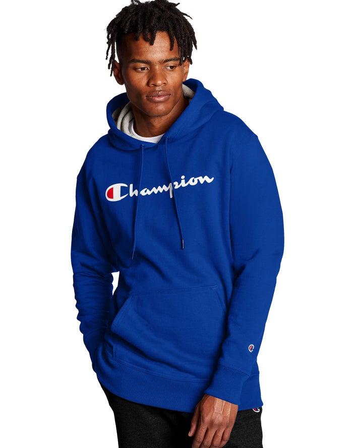 Champion Hoodie Heren - Blauw - Powerblend Fleece Script Logo ( 326480-HQS )